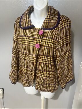 Womens Purple & Gold Houndstooth Coat with Purple Buttons Size PL